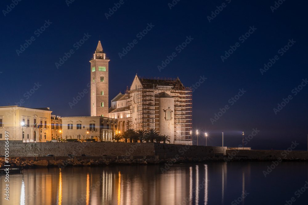 View of the beautiful Romanesque Cathedral Basilica of San Nicola Pellegrino from port on night, in Trani.