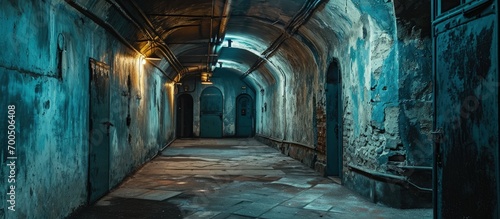 Dark corridor of old underground Soviet military bunker under artillery fortification. Creative Banner. Copyspace image photo