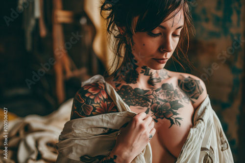 Tattooed Sexy Woman holding a robe: Expressions in Ink