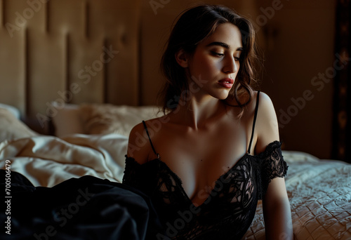 Seductive Sexy Brunette in Black Underwear Nightgown: Allure on the Bed