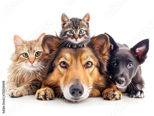 Friendship of pet cat and dog. Concept of national pet day. photo