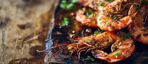 fried black tiger prawns with herbs and spices. Creative Banner. Copyspace image