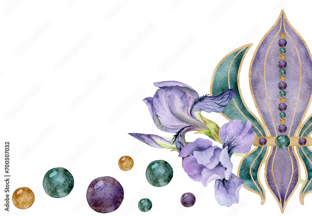 Hand drawn watercolor Mardi Gras carnival symbols. Fleur de lis French lily iris flower glass beads confetti baubles Composition isolated on white background. Design for party invitation, print, shop - obrazy, fototapety, plakaty 