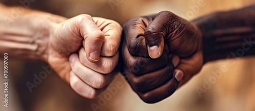 Closeup photo of two arms different race skin colors multinational friends antiracism issue help together buddies world globe integration giving fists bump isolated grey color background photo