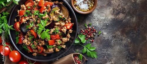 Greek moussaka dish with eggplant and minced meat. Creative Banner. Copyspace image