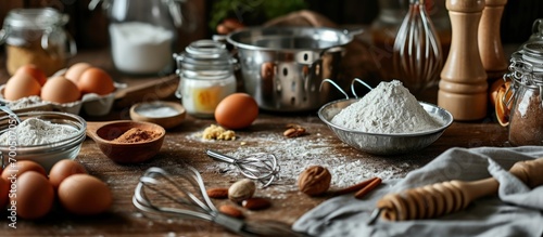 Homemade baking ingredients and accessories A jar of sugar a cup of flour eggs a whisk a cake pan a napkin nuts on a white table Home hobbies authentic cooking concept close up copy space photo
