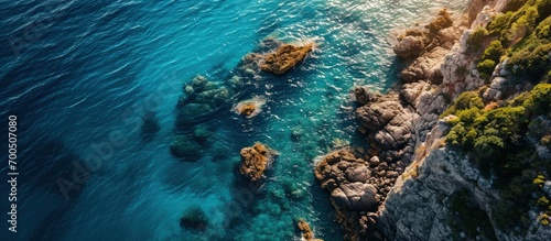 Blue sea water surface calm waters aerial view. Creative Banner. Copyspace image