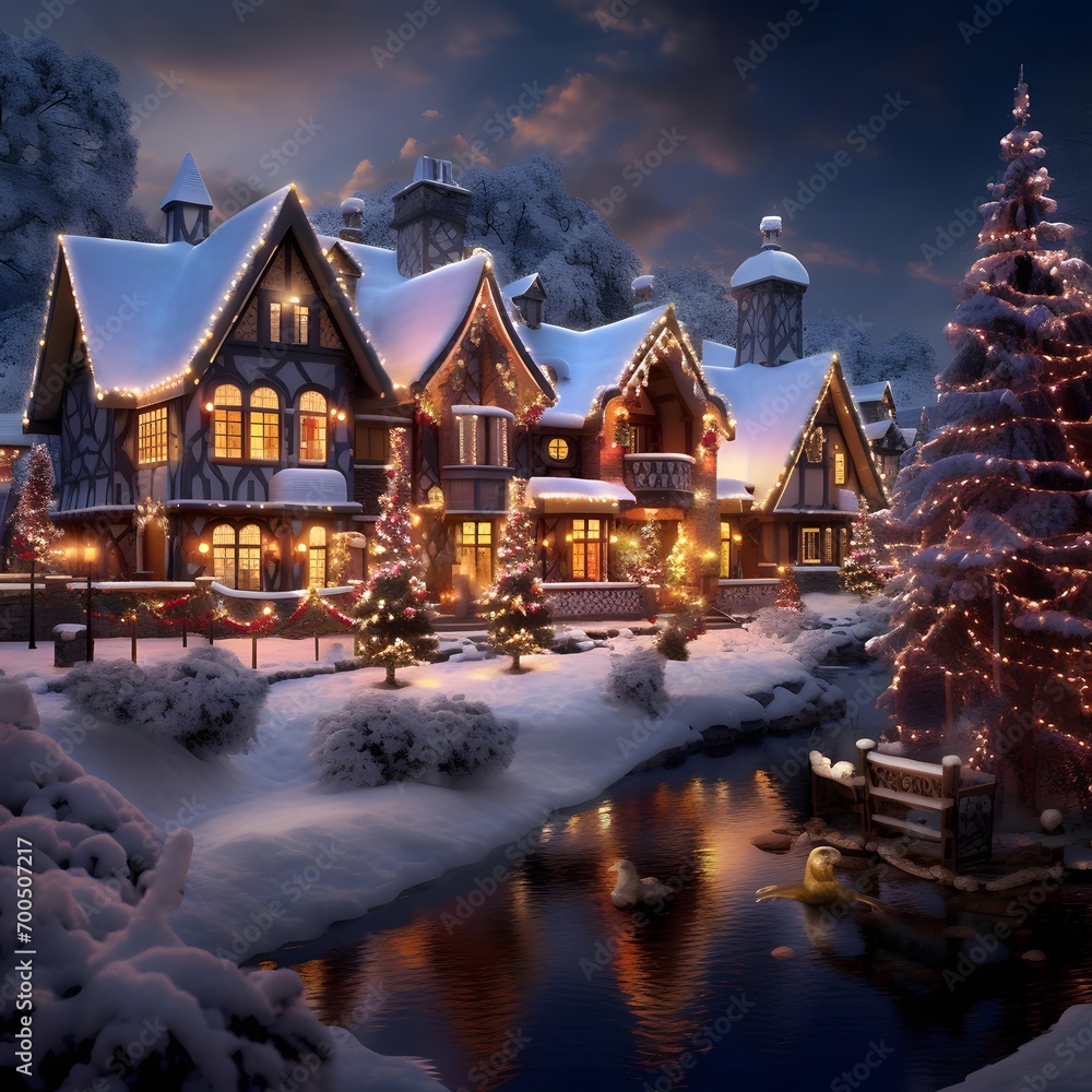 Beautiful winter landscape in the mountains with Christmas trees and houses.