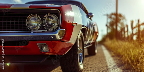 Classic American muscle car with flag paint, open road, copy space