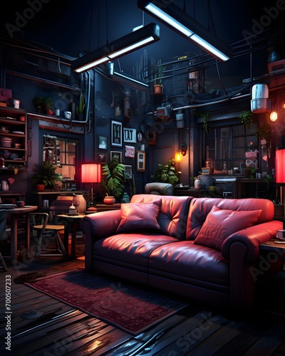 Interior of a cozy cafe in the night. 3d render