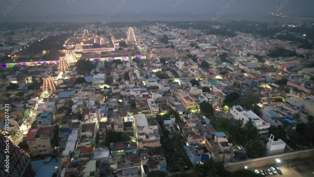 A Night Aerial shot of Sri Ranganatha Swamy Temple, Srirangam Temple in Tamil Nadu, India A Night Aerial shot of Sri Ranganatha Swamy Temple, Srirangam Temple in Tamil Nadu, India