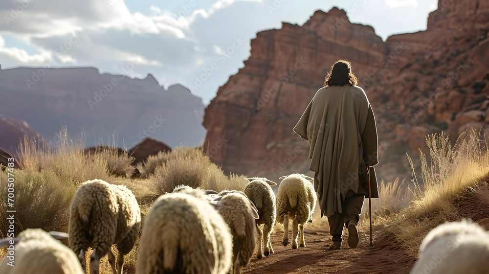 Jesus Christ, good shepherd and flock of sheep Stock Illustration ...