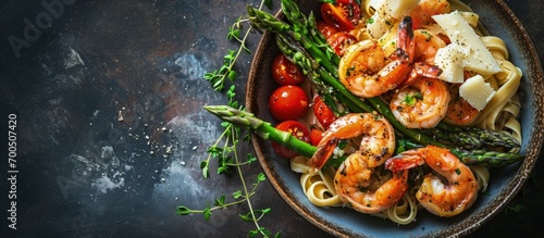 Healthy whole grain linguine with shrimps asparagus cherry tomatoes fresh Parmesan cheese and oregano. Creative Banner. Copyspace image