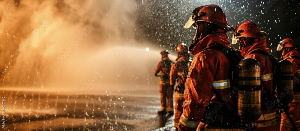 Firefighters spray high pressure water to areas that are copied in practice. Creative Banner. Copyspace image Firefighters spray high pressure water to areas that are copied in practice. Creative Banner. Copyspace image