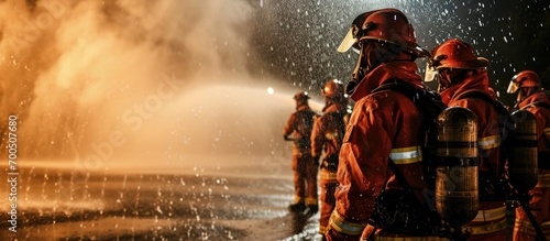 Firefighters spray high pressure water to areas that are copied in practice. Creative Banner. Copyspace image © HN Works