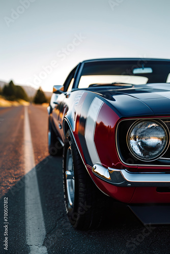 Classic American muscle car with flag paint, open road, copy space © EOL STUDIOS