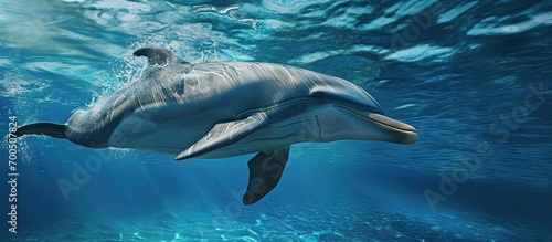 A large white dolphin swims in blue water. Creative Banner. Copyspace image © HN Works
