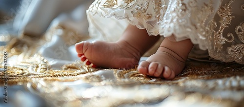 Close up of baby s legs Baptism of a child in an Orthodox temple church. Creative Banner. Copyspace image
