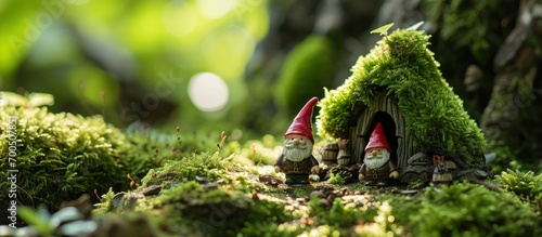 Clay figurines displayed in natural forest setting a moss covered gnome home with a figurine with moss covered head. Creative Banner. Copyspace image photo