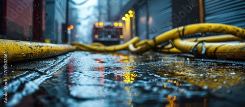 Horizontal photo of a tangle of yellow fire hoses on a wet city street. Creative Banner. Copyspace image photo