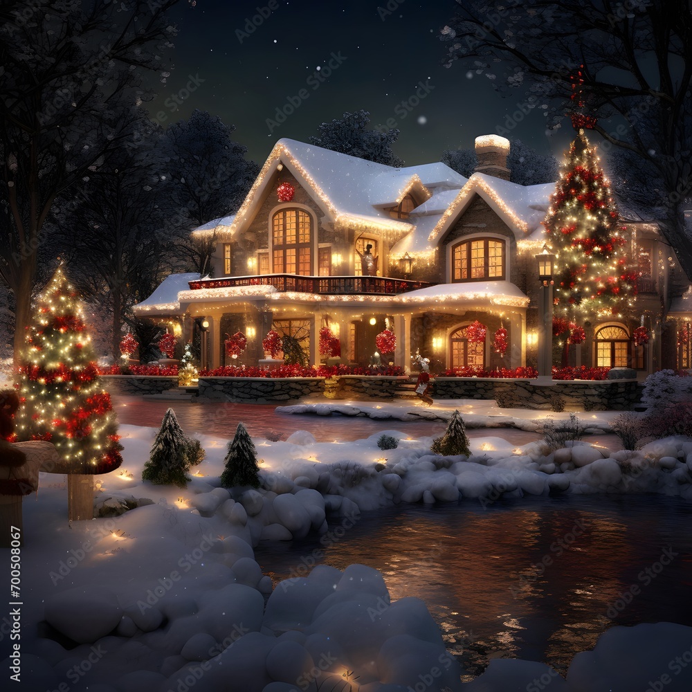 Christmas and New Year holidays. Beautiful winter house in the snow.