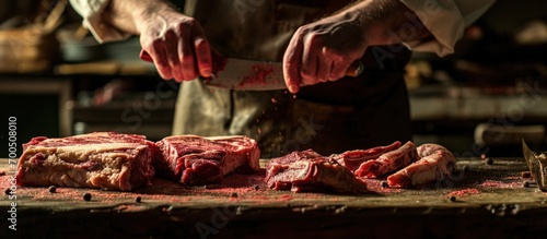 Close up butcher working separate the bone from the meat with a knife at table in the slaughterhouse Wagyu Beef Meat industry. Creative Banner. Copyspace image photo
