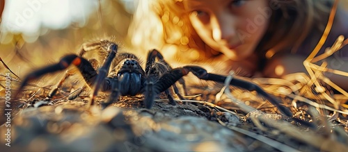 A huge poisonous spider crawling on a child The girl is not afraid of spiders brave child plays with huge spider Brachypelma albopilosum Treatment of arachnophobia. Creative Banner. Copyspace image © HN Works