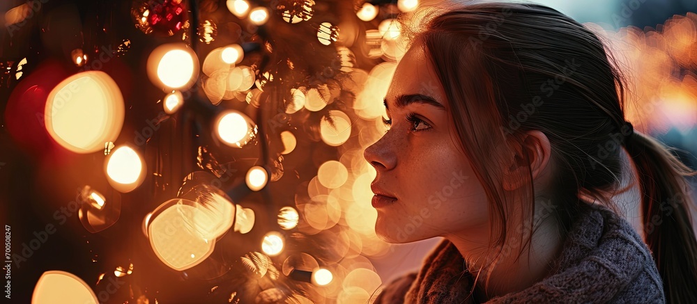 Charming young woman in casual clothes making hair ponytail and looking away while sitting against illuminated fairy lights in showroom during Christmas holidays. Creative Banner. Copyspace image Charming young woman in casual clothes making hair ponytail and looking away while sitting against illuminated fairy lights in showroom during Christmas holidays. Creative Banner. Copyspace image