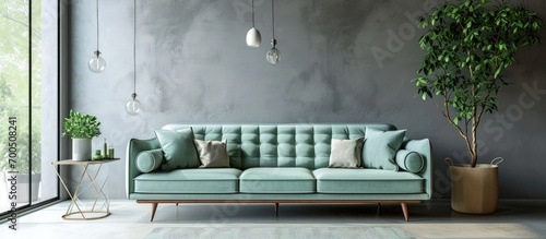 A modern stylish and bright living room Stylish scandinavian living room with design mint sofa. Creative Banner. Copyspace image photo