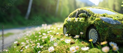 Hybrid car Retro automobile covered with grass and flowers representing eco friendly concept Environmental friendly Green drive. Creative Banner. Copyspace image photo