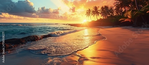 Fototapeta Naklejka Na Ścianę i Meble -  Art Beautiful sunset over the tropical beach. Creative Banner. Copyspace image