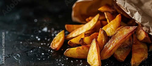 Fried potato wedges spilled out of a paper bag Sprinkled with salt on a black background Side view. Creative Banner. Copyspace image photo