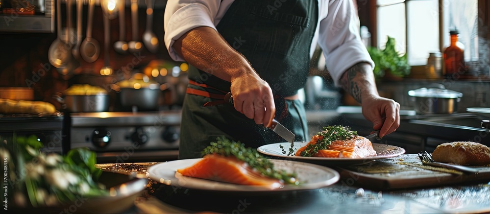 Chef man in cook apron preparing fresh salmon with olive oil at kitchen Handsome man in chef apron preparing raw fish salmon Chef cooking seafood in kitchen Millennial man hold raw fish salmon Chef man in cook apron preparing fresh salmon with olive oil at kitchen Handsome man in chef apron preparing raw fish salmon Chef cooking seafood in kitchen Millennial man hold raw fish salmon