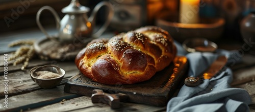 Photo Challah Jewish Bread traditionally baked to celebrate the Shabbat The inscriptio