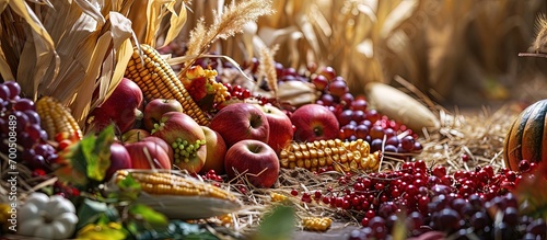 large group of fall harvest vegetables including corn and apples. Creative Banner. Copyspace image