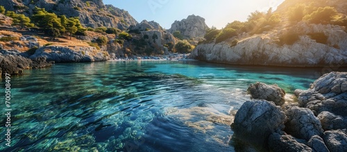 Anthony Quinn Bay on Rhodes island Greece. Creative Banner. Copyspace image photo
