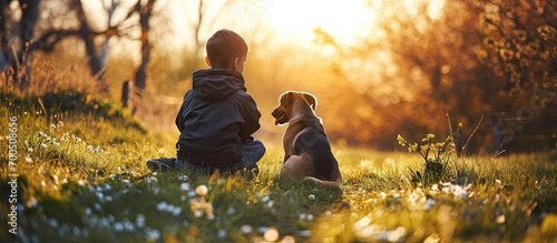 boy with a dog walks in the park on a sunny spring evening sits on the grass the dog obeys the order give a paw Friendship of man and animal healthy lifestyle. Creative Banner. Copyspace image photo