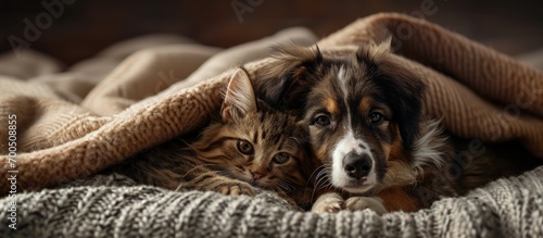 In the bedroom at home under the covers on the bed are a small puppy and kitten the kitten kisses the puppy on the forehead at night. Creative Banner. Copyspace image