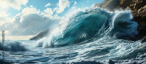 A big barrel wave break in the Pacific Ocean perfect for surfing. Creative Banner. Copyspace image