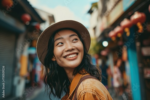 Joyful Asian Woman in City Streets. Generative AI.