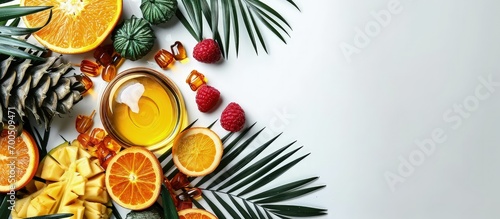 Fototapeta Naklejka Na Ścianę i Meble -  Fresh ripe palm oil fruits sweets and cosmetic products on white background flat lay Space for text. Creative Banner. Copyspace image