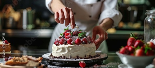 cooking and decoration of cake with cream Young woman pastry chef in the kitchen decorating red velvet cake with flowers and berries Master pastry chef completes work on a birthday cake photo