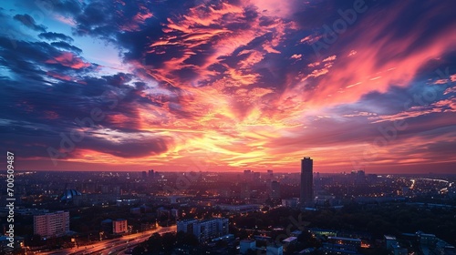 Sunset over cityscape with dramatic clouds and illuminated skyline photo