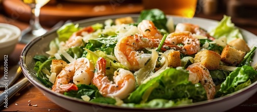 Italian caesar salad with shrimp croutons and parmesan selective focus. Creative Banner. Copyspace image