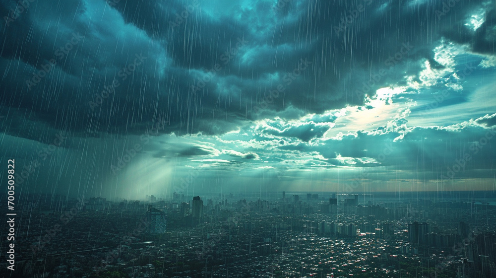 A curtain of rain falls from the sky, drenching the city below. The clouds part, revealing a bright blue sky. ai generated. - obrazy, fototapety, plakaty 
