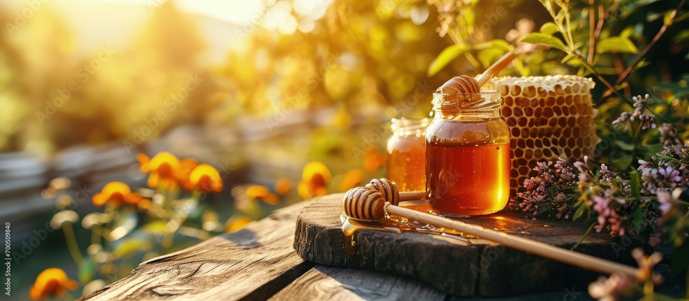 Honey in honeycombs top view Fresh honey in honeycombs lies in a bowl on a wooden table close up on a summer sunny day Organic honey production Beekeeping as natural traditional agriculture