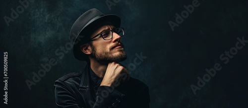 Bragging single businessman with hat and eyeglasses. Creative Banner. Copyspace image
