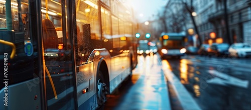 driving bus in city traffic in motion blur. Creative Banner. Copyspace image photo