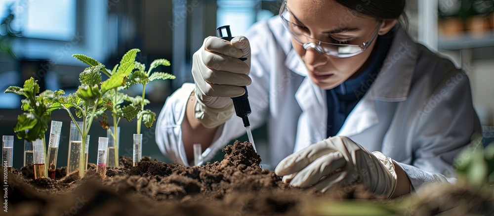 Laboratory Soil Analysis Female scientist in white coat measuring PH of ...