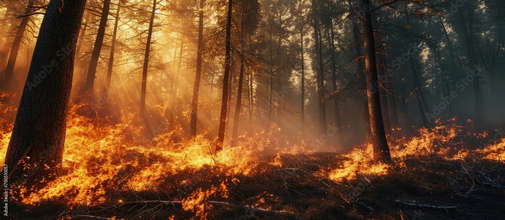 Development of forest fire Flame is starting trunk damage. Creative Banner. Copyspace image Development of forest fire Flame is starting trunk damage. Creative Banner. Copyspace image